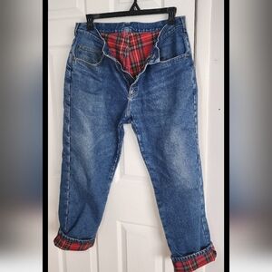 LL Bean vintage mens jeans red plaid flannel lined 36X30 5 pocket great shape
